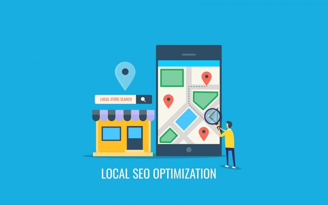 Local SEO Optimization featuring a local small business and a smartphone